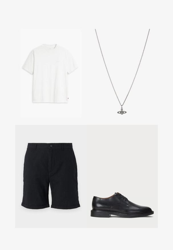 Bela bombažna majica s kratkimi rokavi, okroglim ovratnikom in subtilnim logotipom Levi's, natisnjenim na sredini. Mehak material in standardna oblika.; Črne lanene kratke hlače z gumbom, ki imajo zavite robove in stranske žepe, nudijo teksturiran videz ter sproščen dizajn.; Črne usnjene oblečne čevlje s krožno konico, zavezovanje z vezalkami in nizko plastiko. Gladka tekstura z minimalnimi šivi.; Srebrna verižica z obeskom v obliki planeta, okrašena z majhnimi detajli in zapletenimi vzorci.