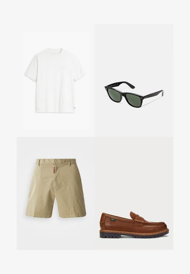 Weißes Baumwoll-T-Shirt mit kurzen Ärmeln, Rundhalsausschnitt und dezentem Levi's-Logo in der Mitte. Weicher Stoff und normale Passform.; Beige Baumwollshorts mit flacher Vorderseite, Knopfverschluss und Gürtelschlaufen. Verfügt über eine dezente Textur und ein kleines rotes Markenlabel am Bund.; Braune Leder Slipper mit dekorativer Naht und strukturiertem Zehenbereich. Die Sohle hat ein robustes Design, das Traktion und Langlebigkeit bietet.; Schwarze Plastiksonnenbrille mit grünen Gläsern, quadratischen Rahmen, silbernem Akzent auf der Augenbraue und strukturierten Bügeln. Angegebene Marke auf dem inneren Bügel.