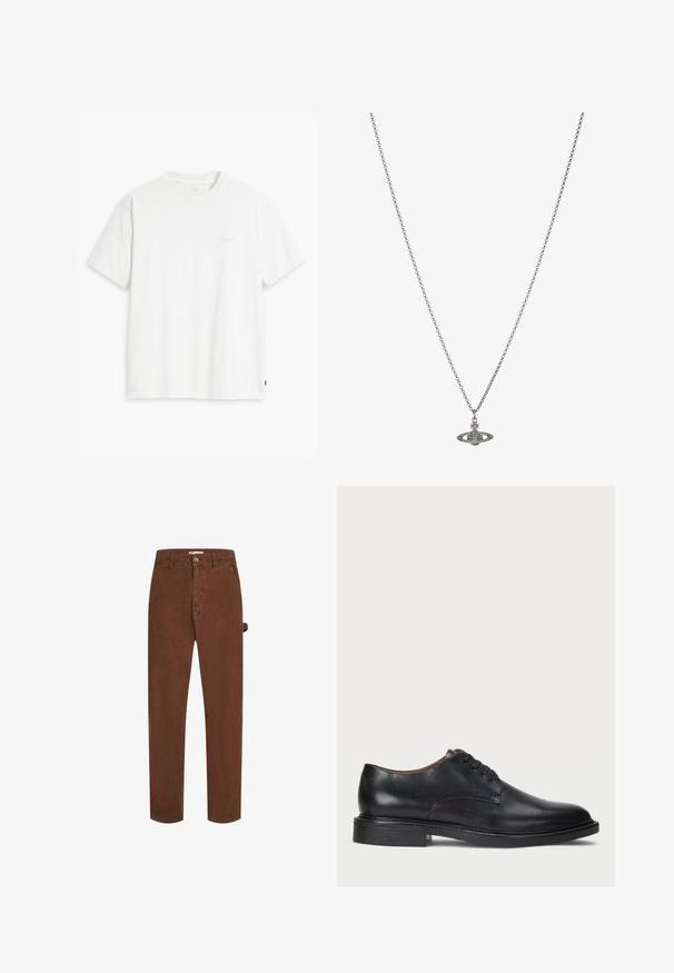 Biały bawełniany t-shirt z krótkimi rękawami, okrągłym dekoltem i subtelnym, jasnym nadrukiem z logo "Levi's" na przodzie.; Brązowe spodnie z korduroyu o prostym kroju, z przodem na guziki i pojedynczym detalem w postaci pętli z boku. Tkanina ma miękką, teksturowaną powierzchnię.; Czarne skórzane buty wizytowe z okrągłym noskiem, sznurowanym zapięciem i niskim, warstwowym obcasem. Gładka faktura z minimalnymi detalami stębnowania.; Srebrny naszyjnik z łańcuchem z ozdobnym wisiorkiem w kształcie planety, zdobionym małymi akcentami i skomplikowanymi wzorami.