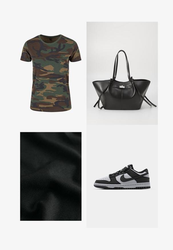 Brandit T-shirt print - woodland; Zwarte katoenen stof met een gladde textuur, die lichte rimpels en subtiele breipatronen vertoont. Het materiaal biedt een zachte, flexibele val.; Zwarte en grijze Nike Dunk lage sneakers met geperforeerde neus, gladde leren accenten en rubberen zool met een gestructureerd profiel.; Zwarte leren tote bag met een brede, driehoekige vorm. Heeft een elegante metalen sluiting, lange handvaten en een gladde textuur.