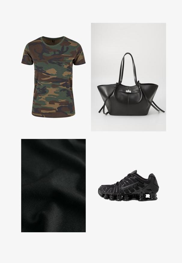 Brandit Print T-shirt - woodland; Black cotton fabric with a smooth texture, displaying slight ripples and subtle knit patterns. The material offers a soft, flexible drape.; Black athletic shoe with mesh upper and glossy overlays. Features curved coil cushioning and textured lines on the side. Nike logo visible.; Black leather tote bag with a wide, triangular shape. Features a sleek metallic clasp, long handles, and smooth texture.