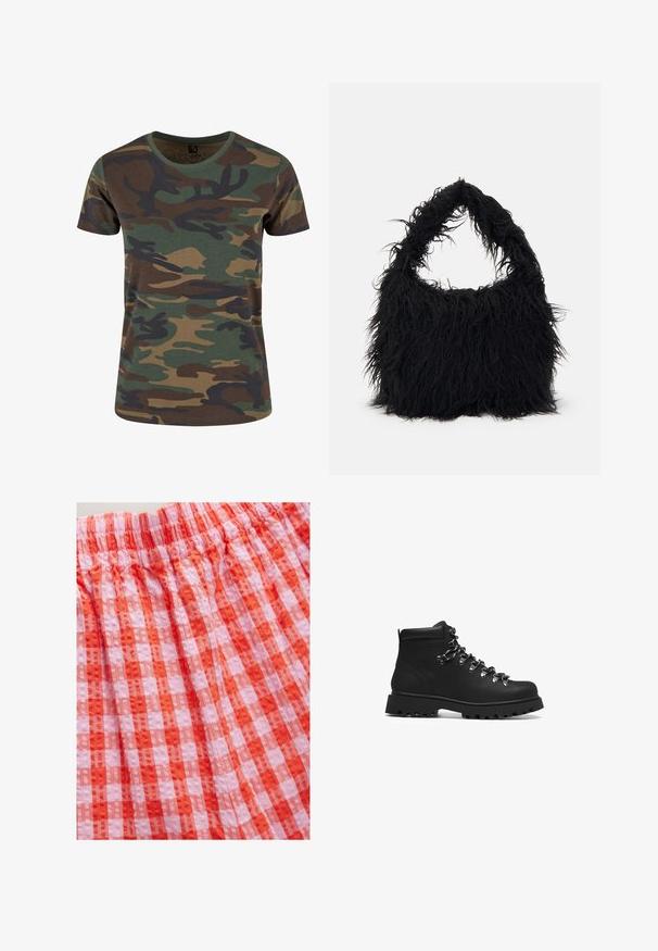 Brandit T-Shirt print - woodland; Rotes und pinkes Stoff mit Vichy-Karomuster und strukturierter Oberfläche, ausgestattet mit einem elastischen Bund für Komfort und Flexibilität.; Schwarze Lederwanderstiefel mit einer robusten Gummisohle, metallenen Schnürhaken und einem hohen Knöcheldesign für Unterstützung und Langlebigkeit.; Even&Odd Shopping Bag - black