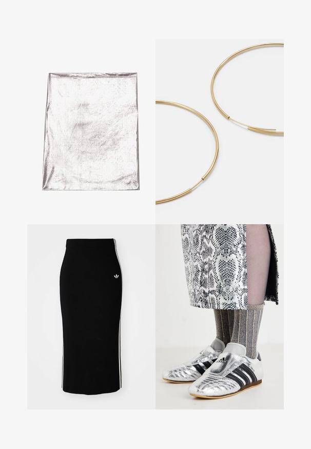 Metallinhohjene kangas, jolla on sileä pinta ja kevyt kiilto. Suorakulmainen muoto, reunat on siististi ommeltu, ei merkittäviä kuvioita tai yksityiskohtia.; Musta ribbed midi-hame, jossa on tiukka malli, valkoisilla sivuviivoilla ja pieni valkoinen emblem vasemmalla puolella.; Hopeapohjaiset jalkapallokengät mustilla raidoilla ja tyylikkäällä muotoilulla, yhdistettynä teksturoituihin harmaisiin ja kultaisiin ribbisiin sekä kuviolliseen hameeseen.; Kultaiset rengaskorvakorut, ohuet ja pyöreät, joissa on sileä metallipinta ilman koristeluja tai kuvioita.