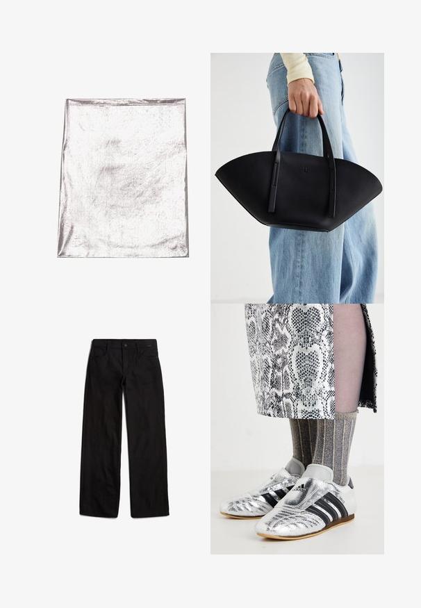 Metallinhohjene kangas, jolla on sileä pinta ja kevyt kiilto. Suorakulmainen muoto, reunat on siististi ommeltu, ei merkittäviä kuvioita tai yksityiskohtia.; Mustat farkkushortsit suoran lahkeen leikkauksella, edessä nappikiinnitys ja viisi taskua. Silkkinen pinta ja vähäiset ompeluyksityiskohdat.; Hopeapohjaiset jalkapallokengät mustilla raidoilla ja tyylikkäällä muotoilulla, yhdistettynä teksturoituihin harmaisiin ja kultaisiin ribbisiin sekä kuviolliseen hameeseen.; Musta nahkainen käsilaukku, jossa on ainutlaatuinen tuulihattukuvio, jossa on litteät kahvat. Pinnassa on karkeapintainen rakenne ja minimalistinen muotoilu.