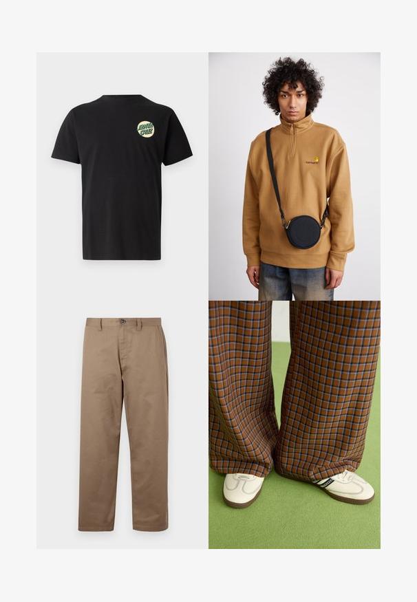 T-shirt di cotone nero con maniche corte, caratterizzata da un design grafico circolare verde e giallo con il testo "SANTA CRUZ" sul lato sinistro del petto.; Pantaloni in cotone marrone a gamba dritta, con chiusura a bottone, tasche laterali e una texture liscia. Senza motivi o dettagli visibili.; Pantaloni a pieghe larghi a quadri marroni e blu abbinati a scarpe bianche con dettagli neri e suole testurizzate, posizionati su uno sfondo verde.; Felpa in pile marrone con zip a quarto e logo ricamato, abbinata a una borsa a tracolla rotonda nera con zip e dettagli del logo, indossata sopra dei jeans.