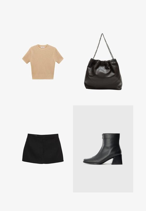 Beige gestrickter Kurzarmpullover mit rundem Halsausschnitt, der ein strukturiertes Muster und einen gerippten Saum aufweist. Einfaches, tailliertes Design.; Schwarzer Minirock mit strukturiertem Taillenbereich, glatter Textur und geradem Schnitt. Hat keine sichtbaren Taschen oder Verzierungen.; Schwarze Lederstiefelette mit quadrater Zehenform, seitlichem Reißverschluss und Blockabsatz vor einem schlichten hellen Hintergrund.; Braune Lederhandtasche mit gerafftem Oberteil und Kettenriemen. Glatte Textur mit glänzendem Finish und subtilen Nahtdetails an den Seiten.