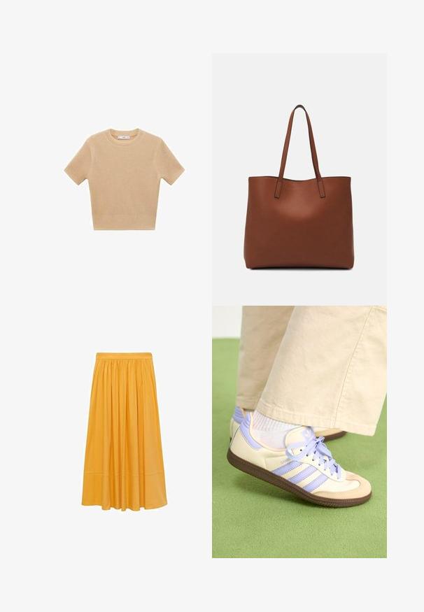 Beige strikket kortærmet sweater med rund halsudskæring, der har et tekstureret mønster og ribbet kant. Enkel, tætsiddende design.; Sennepsgul midi nederdel, fremstillet af letvægtsstof, har en samlet talje og en flydende silhuet med en glat tekstur og subtil glans.; Creme og lavendel sneakers med tre striber og en tekstureret brun sål, der har snørebånd og en polstret hæl. Blødt stof øvre.; Brun læder tote taske med en glat overflade, åben topdesign og to skulderremme. Har minimal syning og ingen synlig hardware.