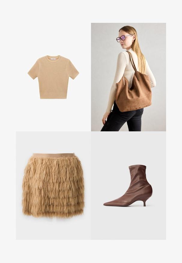 Béžový pletený sveter s krátkym rukávom a okrúhlym výstrihom, s textúrovaným vzorom a rebrovaným lemom. Jednoduchý, priliehavý strih.; Béžová sukňa z umelého kožucha so shaggy textúrou. Obsahuje hladký, široký pás a vrstvený dizajn pre zvýšený objem.; Hnedé členkové topánky s špicatou špičkou a stredne vysokým kitten podpätkom, vyrobené z jemnej, hladkej kože, na svetlom pozadí.; Hnedá semišová taška na rameno s mäkkou textúrou, veľkým otvorom a dlhými popruhmi. Má jednoduchý dizajn s viditeľným šitím a bez kovových prvkov.