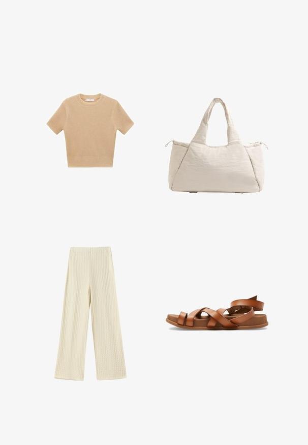 Beige strikket kortærmet sweater med rund halsudskæring, der har et tekstureret mønster og ribbet kant. Enkel, tætsiddende design.; Vide benbukser i et tekstureret, cremefarvet stof. Designet har et vaffelmønster med høj talje og fuld længde ben.; Brune lædersandaler med krydsede stropper, flade såler og let hævet hæl. Blød tekstur og minimalistisk design.; Beige quiltet tote taske med to håndtag, rund form, tekstureret stof og en snørelomme på siden. Glat overflade, minimalistisk design.