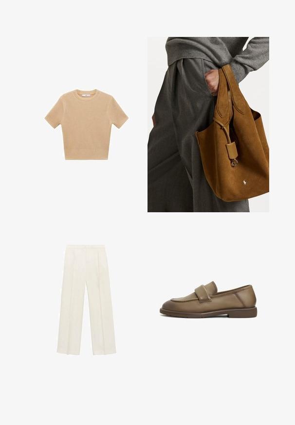 Beżowy sweter z krótkim rękawem, wykonany na drutach, z okrągłym dekoltem, z fakturowanym wzorem i prążkowanym dołem. Prosty, dopasowany fason.; Spodnie o szerokich nogawkach w jasnym kolorze kremowym. Wykonane z gładkiego materiału, z plisami z przodu i bocznymi kieszeniami.; Brązowe skórzane mokasyny o miękkiej fakturze, z szerokim paskiem na wierzchu stopy i niską, płaską gumową podeszwą. Czysty, stonowany design.; Brązowa torebka typu tote z zaokrąglonym kształtem, podwójnymi uchwytami i metalowym akcentem. Z przodu znajduje się małe logo.