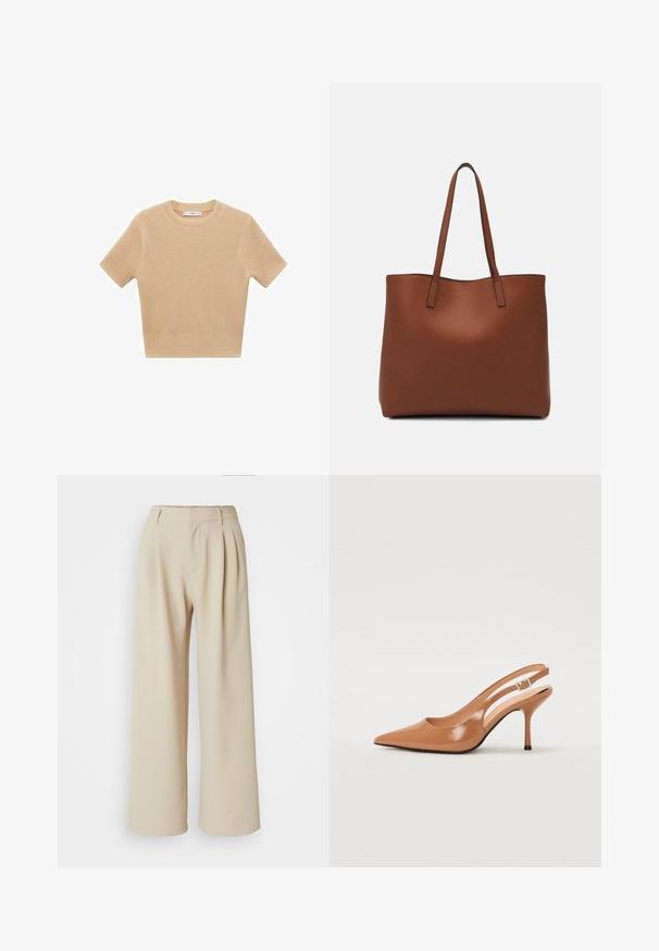 Bežani pleteni kratki pulover s kratkim rukavima i okruglim izrezom, s reljefnim uzorkom i rebrastim rubom. Jednostavan, prilagođen dizajn.; Beige široke hlače s visokim strukom, naboranim prednjim dijelom i glatkom teksturom tkanine. Nema vidljivih kopčanja ili uzoraka.; Sandal s petom u obliku šiljastog prsta od glatkog, sjajnog smeškastog materijala. Ima zakrivljeni izrez i vitku štiklu. Detalj s srebrnom kopčom.; Smeđa kožna torba preko ramena s glatkom teksturom, otvorenim vrhom i dvjema naramenicama. Ima minimalne šavove i nema vidljivog hardvera.