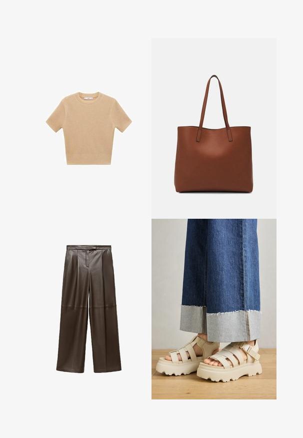 Beige gestrickter Kurzarmpullover mit rundem Halsausschnitt, der ein strukturiertes Muster und einen gerippten Saum aufweist. Einfaches, tailliertes Design.; Braune Leder-Hosen mit weitem Bein in glatter Textur, die an der Vorderseite Falten und ein klassisches Taillenbund-Design aufweisen.; Beige Plattform-Sandalen mit dicken Sohlen verfügen über ein Riemchen-Design und verstellbare Knöchelriemen. Getragen zu weit geschnittenen Denim-Hosen, ist ein Saum ausgefranst.; Braune Leder-Tote mit glatter Textur, offenem Oberteil und zwei Schulterriemen. Verfügt über minimale Nähte und keine sichtbaren Beschläge.