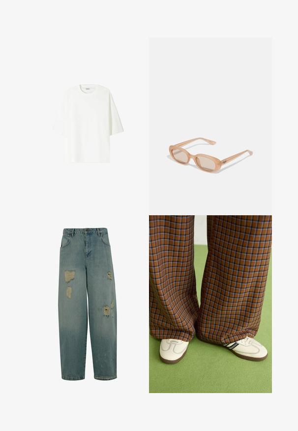 Tricou alb cu mânecă scurtă, fabricat din bumbac, cu guler tip crew și o croială lejeră, având o tivă dreaptă.; Jeans din denim de culoare albastră deschisă, cu o croială lejeră, având multiple zone distruse și margini desfăcute. Design clasic cu cinci buzunare.; Pantaloni largi cu carouri maro și albastru, asociați cu pantofi albi cu accente negre și tălpi texturate, împotriva unui fundal verde.; Ochelari de soare cu o ramă transparentă de culoare bej deschis, lentile ovale și brațe subțiri cu un logo subtil gravat. Finisaj mat cu un design minimalist.
