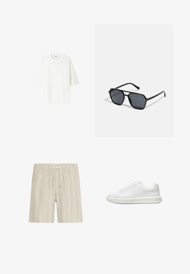 Weißes T-Shirt mit kurzen Ärmeln aus Baumwolle, mit Rundhalsausschnitt und lockerem Schnitt sowie geradem Saum.; Hellbeige Shorts aus strukturiertem Stoff mit vertikalen Streifen, einem elastischen Bund und einem Kordelzug für eine verstellbare Passform.; Weißer Sneaker mit einem glatten synthetischen Obermaterial, runder Spitze, flachen Schnürsenkeln, strukturiertem Sohlen und einem geschichteten, Plattform-Design für zusätzlichen Halt.; Schwarze Sonnenbrille mit achteckigem Rahmen, dunklen Gläsern, glänzender Oberfläche, dünnen Bügeln und goldenen Akzenten auf der Vorderseite.
