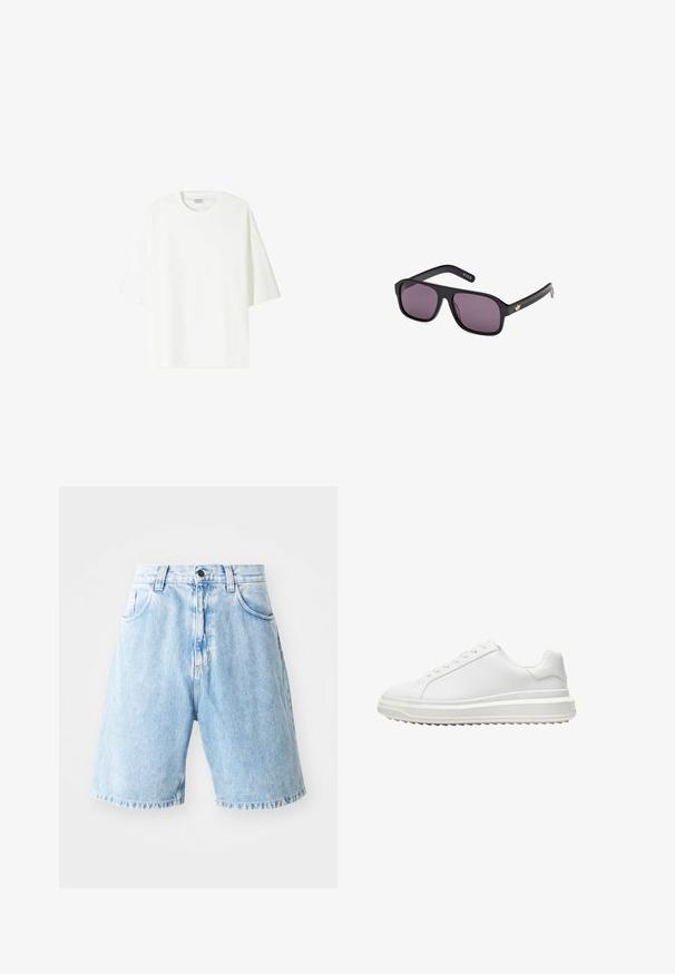 Biała koszulka z krótkim rękawem wykonana z bawełny, z okrągłym dekoltem i luźnym krojem oraz prostym wykończeniem hemu.; Jasnoniebieskie szorty dżinsowe z wysokim stanem, wyposażone w dwie przednie kieszenie, zapięcie na guzik i postrzępione wykończenie. Luźny krój.; Białe sneakersy z gładką syntetyczną cholewką, okrągłym noskiem, płaskimi sznurowadłami, teksturowana podeszwa oraz warstwowym, platformowym designem dla dodatkowej wysokości.; Czarne okulary przeciwsłoneczne z kwadratową oprawką, ciemnymi soczewkami i złotym logo na zauszniku. Gładki plastikowy materiał z matowym wykończeniem.