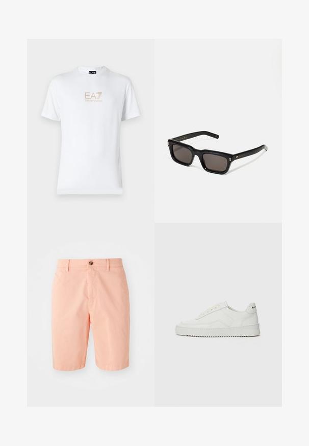 White cotton t-shirt featuring a round neckline and short sleeves, with a gold EA7 Emporio Armani logo printed on the front.; Peach-colored shorts made of lightweight fabric, featuring a classic design, a front button closure, and side pockets.; White leather sneaker with a smooth finish, round toe, flat laces, and a textured sole. Features a subtle logo on the heel.; Black rectangular sunglasses with dark lenses, thick plastic frame, gold accents on temples, and brand logo engraved on the arm.