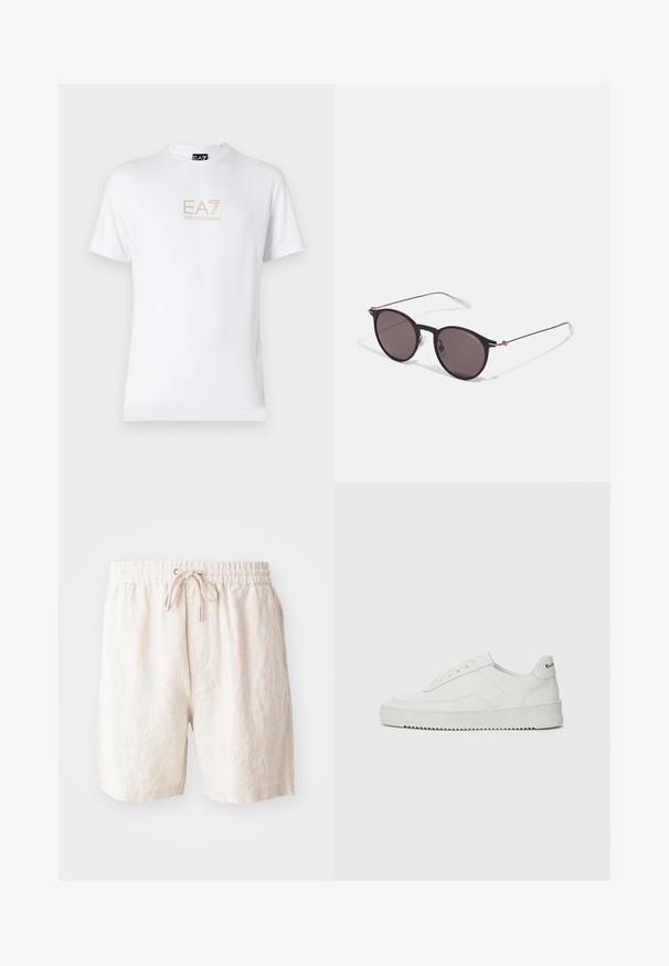 White cotton t-shirt featuring a round neckline and short sleeves, with a gold EA7 Emporio Armani logo printed on the front.; Beige linen shorts with an elasticated waistband, adjustable drawstring, and side pockets. Soft texture with a relaxed fit.; White leather sneaker with a smooth finish, round toe, flat laces, and a textured sole. Features a subtle logo on the heel.; Black round sunglasses with dark lenses and slim metal arms. Includes clear temple tips and silver accents at the hinge. Minimalist design.
