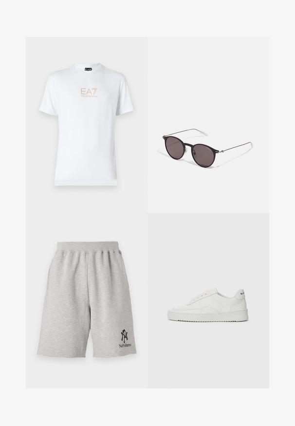 Hvid bomulds t-shirt med rund halsudskæring og korte ærmer, prydet med et gold EA7 Emporio Armani logo trykt på forsiden.; Grå bomuldsshorts med elastisk talje, med et sort logo, der står "No Problemo" i nederste venstre hjørne og rå kanter.; Hvide lædersneakers med en glat overflade, rund tå, flade snørebånd og en tekstureret sål. Har et diskret logo på hælen.; Sorte runde solbriller med mørke linser og slanke metalarme. Inkluderer klare tempeltips og sølvdetaljer ved hængslet. Minimalistisk design.