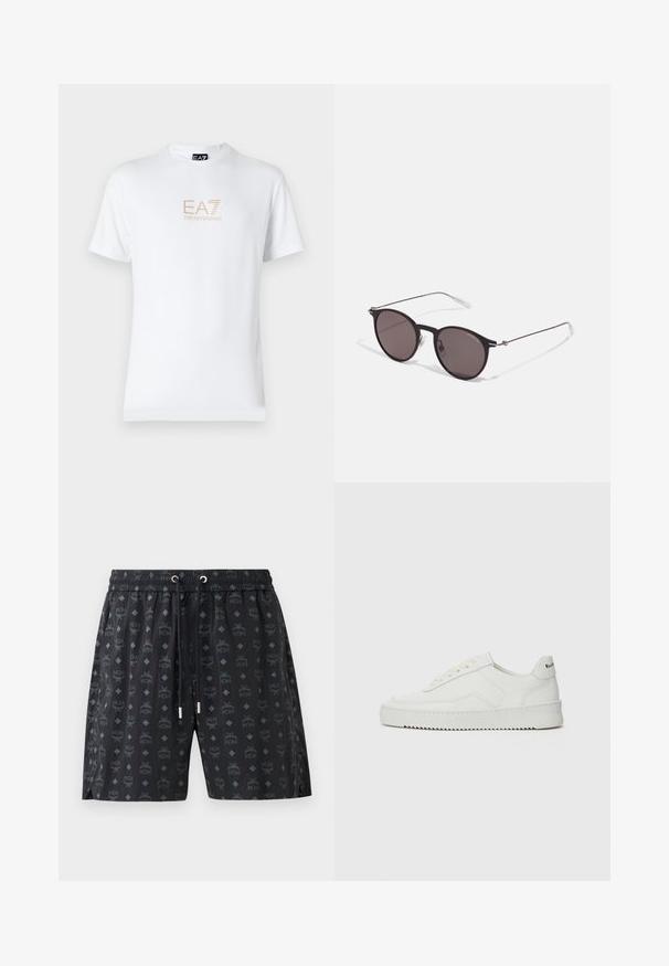 T-shirt en coton blanc avec un col rond et des manches courtes, orné d'un logo doré EA7 Emporio Armani imprimé sur le devant.; Shorts de bain noirs présentant un motif logo répétitif et des formes de losange. Fabriqués en matériau léger, dotés d'une taille élastique et d'un cordon de serrage.; Baskets en cuir blanc avec une finition lisse, bout arrondi, lacets plats et semelle texturée. Présente un logo discret sur le talon.; Lunettes de soleil noires rondes avec verres sombres et branches en métal fines. Comprend des embouts transparents et des accents argentés au niveau de la charnière. Design minimaliste.
