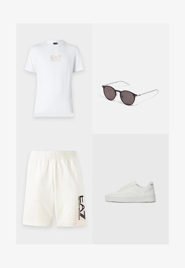 Bílé bavlněné tričko s kulatým výstřihem a krátkým rukávem, na přední straně s potiskem zlatého loga EA7 Emporio Armani.; Bílé bavlněné šortky s elastickým pasem, na levé straně s potiskem černého loga. Rovný střih bez viditelných vzorů.; Bílé kožené tenisky s hladkým povrchem, kulatou špičkou, plochými tkaničkami a texturovanou podrážkou. Na patě se nachází nenápadné logo.; Černé kulaté sluneční brýle s tmavými skly a tenkými kovovými nohami. Obsahují průhledné koncovky nožiček a stříbrné akcenty na pantu. Minimalistický design.