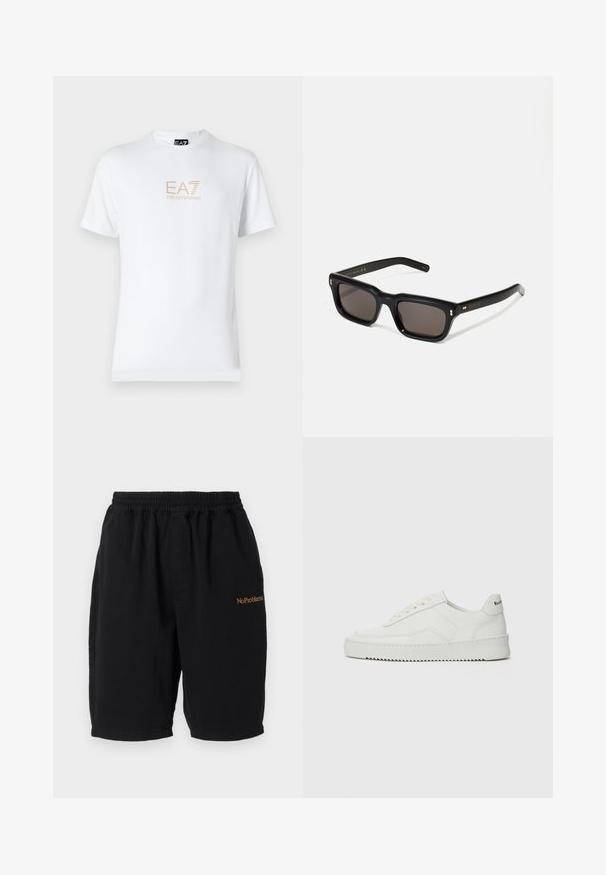 Fehér pamut póló, kerek nyakkivágással és rövid ujjakkal, az elején arany EA7 Emporio Armani logóval nyomtatva.; Fekete pamut rövidnadrág elasztikus derékkal, egyenes szabással és oldalsó zsebekkel. Elöl narancssárga hímzésű "No Problemo" felirattal rendelkezik.; Fehér bőr sportcipő sima felülettel, kerek orral, lapos fűzőkkel és texturált talppal. Finom logó található a sarokon.; Fekete téglalap alakú napszemüveg sötét lencsékkel, vastag műanyag keret, arany díszítések a szárakon, és a márka logója gravírozva a szára.