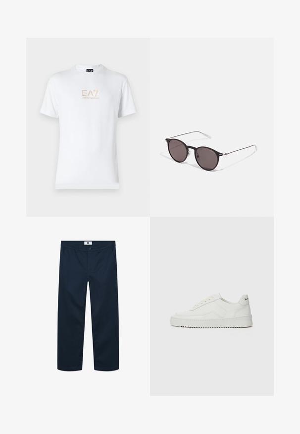 Weißes Baumwoll-T-Shirt mit Rundhalsausschnitt und kurzen Ärmeln, mit einem goldenen EA7 Emporio Armani-Logo auf der Vorderseite.; Navyblaue Baumwoll-Chinos mit geradem Schnitt, einschließlich einem vorderen Knopfverschluss, zwei seitlichen Taschen und minimalistischer Gestaltung.; Weiße Ledersneaker mit glatter Oberfläche, runder Zehenpartie, flachen Schnürsenkeln und strukturiertem Sohlenprofil. Mit einem dezenten Logo an der Ferse.; Schwarze runde Sonnenbrille mit dunklen Gläsern und schlanken Metallbügeln. Enthält klare Tempelspitzen und silberne Akzente am Scharnier. Minimalistisches Design.