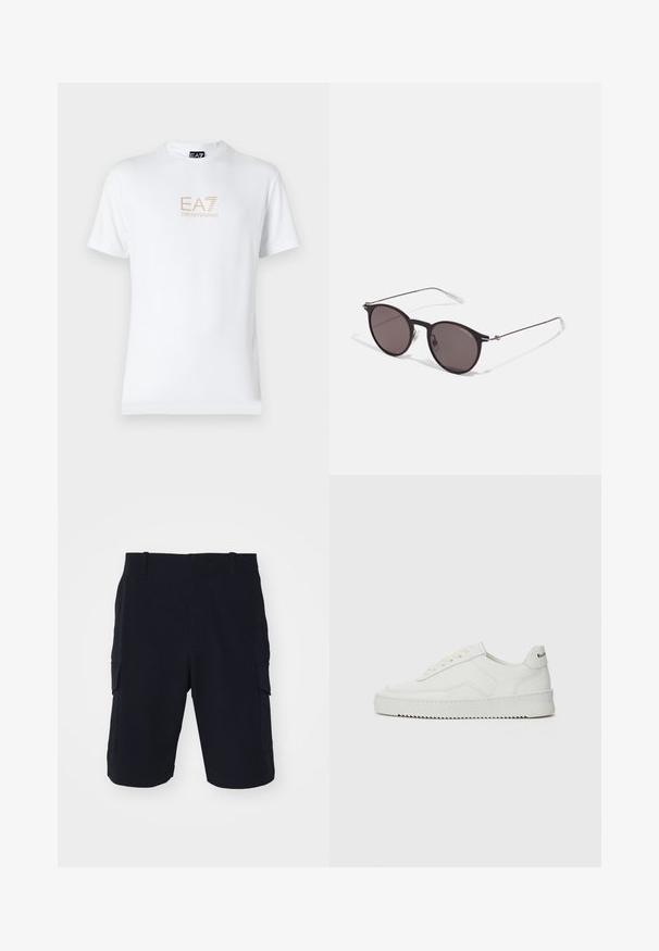 T-shirt en coton blanc avec un col rond et des manches courtes, orné d'un logo doré EA7 Emporio Armani imprimé sur le devant.; rag & bone CADE - Short - black; Baskets en cuir blanc avec une finition lisse, bout arrondi, lacets plats et semelle texturée. Présente un logo discret sur le talon.; Lunettes de soleil noires rondes avec verres sombres et branches en métal fines. Comprend des embouts transparents et des accents argentés au niveau de la charnière. Design minimaliste.