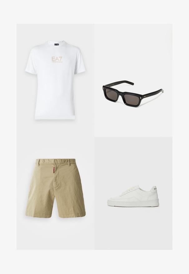 Weißes Baumwoll-T-Shirt mit Rundhalsausschnitt und kurzen Ärmeln, mit einem goldenen EA7 Emporio Armani-Logo auf der Vorderseite.; Beige Baumwollshorts mit flacher Vorderseite, Knopfverschluss und Gürtelschlaufen. Verfügt über eine dezente Textur und ein kleines rotes Markenlabel am Bund.; Weiße Ledersneaker mit glatter Oberfläche, runder Zehenpartie, flachen Schnürsenkeln und strukturiertem Sohlenprofil. Mit einem dezenten Logo an der Ferse.; Schwarze rechteckige Sonnenbrille mit dunklen Gläsern, dickem Kunststoffrahmen, goldenen Akzenten an den Bügeln und eingraviertem Markenlogo am Arm.