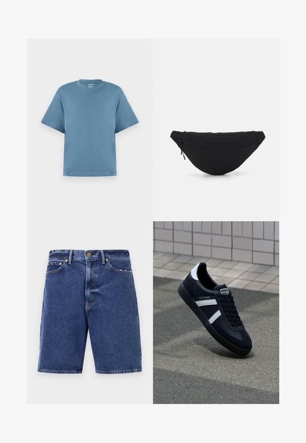 Blauw T-shirt met korte mouwen, gemaakt van katoen, met een ronde hals en een ontspannen pasvorm. Gladde textuur, minimalistisch ontwerp, geen patronen of accenten.; Donkere spijkershorts met een klassieke snit, voorzien van een knoopsluiting, vijf zakken en contrasterende oranje stiksels.; Zwarte leren sneaker met witte strepen, een gestructureerde rubberen zool en vetersluiting aan de voorkant. Voorzien van een merklabel op de tong.; Zwarte stof heuptas met een afgeronde vorm, voorzak met rits en een gladde textuur. Geen zichtbare patronen of accenten. Lichtgewicht ontwerp.