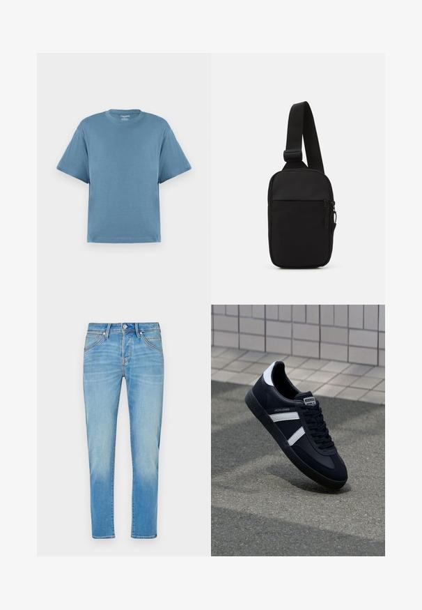 Zila īsām piedurknēm T-kreklā, kas izgatavots no kokvilnas, ar apaļu kakla izgriezumu un brīvu piegriezumu. Gluda tekstūra, minimālistisks dizains, bez rakstiem vai akcentiem.; Gai zili džinsi ar taisnu kāju dizainu, ar pogu aizdari, piecām kabatām un vieglu izbalēšanu audumā.; Melnā ādas sporta apavi ar baltām svītrām, teksturēta gumijas zole un auklu aizdare. Iekļauj zīmola etiķeti uz mēles.; Melnā krusta soma, kas izgatavota no izturīga auduma, ar vienu regulējamu siksnu, ar rāvējslēdzēju galveno nodalījumu un priekšējo kabatu.