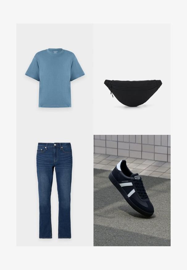 Blauw T-shirt met korte mouwen, gemaakt van katoen, met een ronde hals en een ontspannen pasvorm. Gladde textuur, minimalistisch ontwerp, geen patronen of accenten.; Donkerblauwe denim jeans met een rechte snit, voorzien van een ritssluiting en knoopsluiting. Zichtbare stiknaden langs de naden.; Zwarte leren sneaker met witte strepen, een gestructureerde rubberen zool en vetersluiting aan de voorkant. Voorzien van een merklabel op de tong.; Zwarte stof heuptas met een afgeronde vorm, voorzak met rits en een gladde textuur. Geen zichtbare patronen of accenten. Lichtgewicht ontwerp.