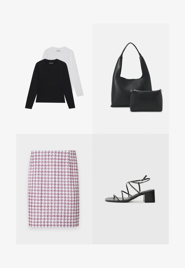 Deux hauts à manches longues : un noir et un blanc. Tous deux présentent un col rond et une texture lisse et côtelée. Étiquette de la marque visible à l'intérieur du col.; Jupe tissée à motifs quadrillés rouge, blanc et bleu, présentant un design droit et une texture lisse, avec une taille mi-haute.; Sandales noires à lanières avec un orteil carré et un talon épais, fabriquées en matériau lisse. Comprend des brides de cheville réglables et un matériel minimal.; Even&Odd Sac à main - black