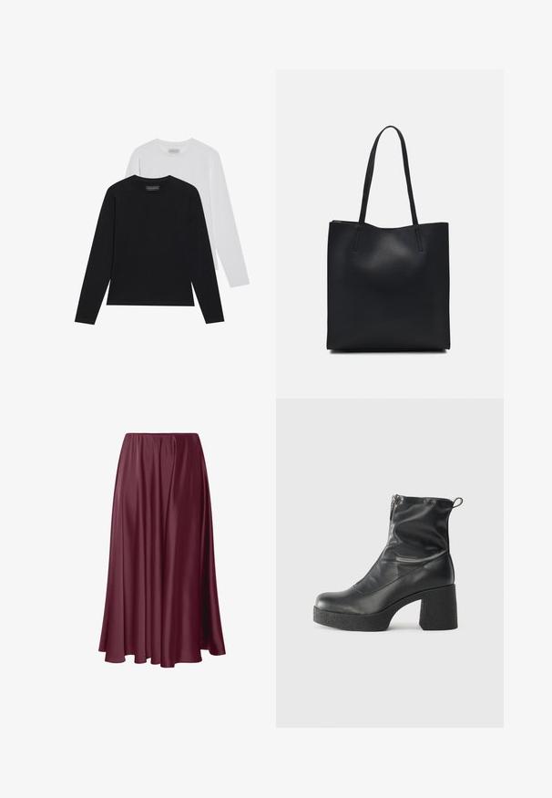 Două bluze cu mâneci lungi: una neagră și una albă. Ambele au un guler rotund și o textură netedă, cu fapte. Eticheta brandului este vizibilă în interiorul gulerului.; Fustă lungă burgundă, dintr-un material neted și lucios, cu un design fluid și talie elastică. Fără modele sau accente prezente.; Bocanci negri de glezna din piele netedă, cu fermoar lateral, toc texturat și masiv, și design cu vârf rotund.; Geantă tote neagră din piele, cu textură netedă, formă rectangulară și două mânere lungi. Fără hardware vizibil sau ornamente.