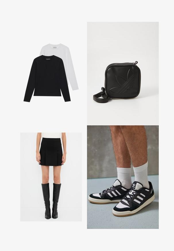 To langærmede trøjer: én sort og én hvid. Begge har en rund halsudskæring og en glat, ribbet tekstur. Brandmærket er synligt indeni halsudskæringen.; Sort plisseret miniskirt med en tætsiddende talje, parret med knæhøje sorte læderstøvler med lynlåse og spidse tæer.; Sorte og hvide sneakers med en overdel i ruskind og læder, der har tre hvide striber, en perforeret tå og en sål i gummigummi.; Sort kvadratisk crossbody taske lavet af tekstureret syntetisk materiale. Har et prægede logo design og justerbar strop. Lynlåslukning.