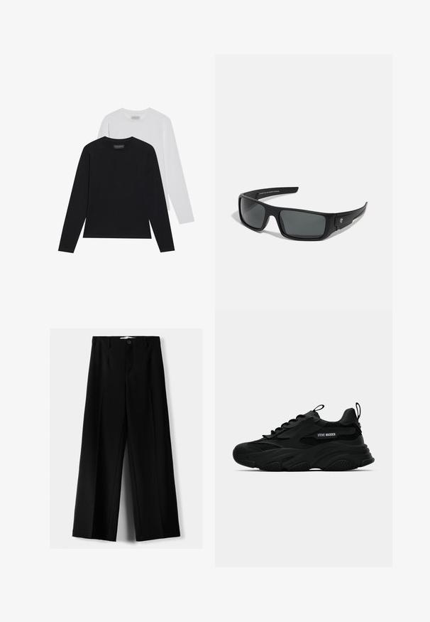To langærmede trøjer: én sort og én hvid. Begge har en rund halsudskæring og en glat, ribbet tekstur. Brandmærket er synligt indeni halsudskæringen.; Sorte brede bukser lavet af letvægtsstof, med frontknaplukning og glat front, samt pænt syede kanter.; Sort Steve Madden chunky sneakers med meshpaneler, tyk sål, trækkeanordninger på tunge og hæl, side logo-tekst, vist i profil.; Sorte solbriller med en rektangulær stel, mørkegrå linser og en glat plastoverflade. Bemærkelsesværdig logoaccent på siden.; Sort syntetisk læder håndtaske med en buet design, lynlåslomme foran og dekorativ hardware med en aftagelig rund møntpung.