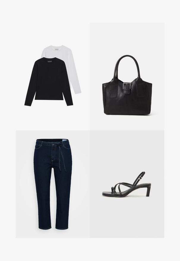 Two long-sleeve tops: one black and one white. Both feature a round neckline and a smooth, ribbed texture. Brand label visible inside neckline.; Dark blue denim pants with a relaxed fit. Features stitched accents, a drawstring waist, and five pockets. Smooth texture and ankle-length cut.; Black strappy sandal with a square toe and a low block heel. Features multiple thin straps and an adjustable ankle strap. Made of smooth leather.; Black leather tote bag with smooth texture, structured shape, two handles, and a prominent silver buckle detail on the front.