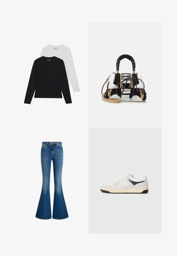 Divi gariem piedurknēm: viens melns un viens balts. Abiem ir apaļa kakla izgriezuma forma un gluda, ribota tekstūra. Zīmola etiķete redzama kakla izgriezuma iekšpusē.; Zilā džinsa flared bikses ar augstu jostasvietu, zelta aksesuāriem jostasvietā un izbalējušu krāsu, kas piešķir izteiktu teksturētu izskatu.; Sporte apavi baltā, pelēkā un melnā krāsā. Izgatavoti no zamšas un tekstila materiāliem, ar perforētu pirkstu daļu un logotipu sānos. Gumijas zole.; Daudzkrāsaina soma ar melnu, baltu un bēša sietu. Somas priekšpusē ir teksturēts rokturis, lentes dizains un noņemams plecu siksniņa.