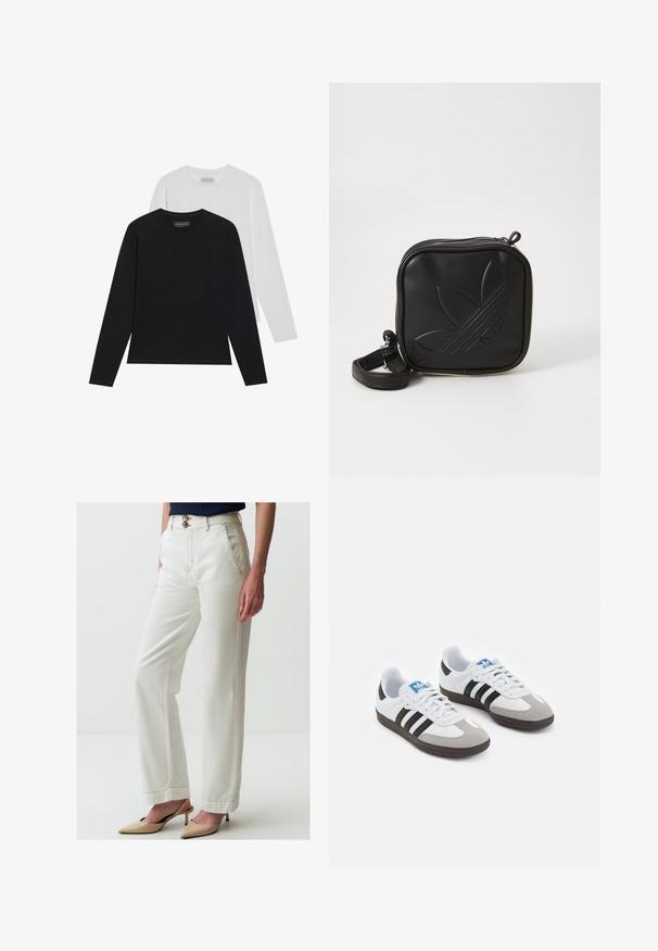 Twee longsleeve tops: één zwart en één wit. Beide hebben een ronde halslijn en een gladde, ribbelige textuur. Merklabelf zichtbaar binnenin de halslijn.; Witte broek met wijde pijpen van denim, voorzien van twee knopen, voorkruiden, contrasterende stiksels en een lichte textuur.; Sportschoenen met een witte leren bovenkant, grijze suède neus en drie zwarte strepen. Bevat een blauw logo op de tong en een gestructureerde rubberen zool.; Zwarte vierkante crossbody tas van gestructureerd synthetisch materiaal. Met een reliëflogo ontwerp en een verstelbare schouderband. Ritssluiting.
