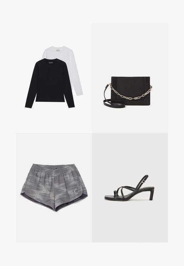Deux hauts à manches longues : un noir et un blanc. Tous deux présentent un col rond et une texture lisse et côtelée. Étiquette de la marque visible à l'intérieur du col.; Shorts de sport gris avec un motif ondulé, taille élastique et fentes latérales pour plus de flexibilité. Présente un petit logo blanc sur l'ourlet.; Sandale noire à lanières avec un bout carré et un petit talon bloc. Elle présente plusieurs fines lanières et une sangle de cheville ajustable. Fabriquée en cuir lisse.; Sac bandoulière en cuir noir avec une texture lisse, de forme rectangulaire et un détail en chaîne métallique à l'avant. Sangle réglable incluse.