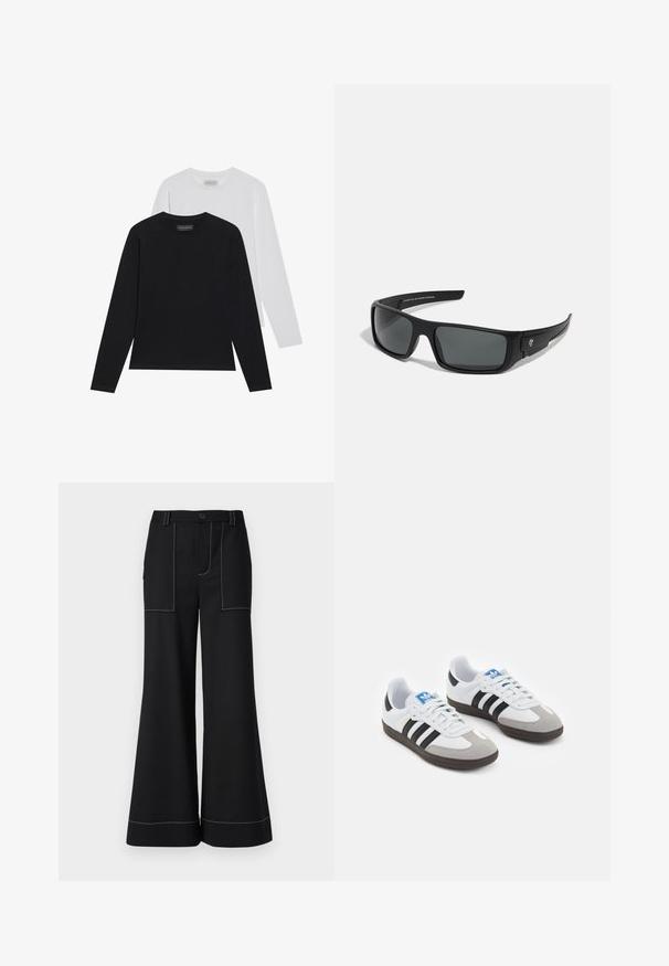 Dva dolgoročna majici s dolgimi rokavi: ena črna in ena bela. Obe imata okrogel ovratnik in gladko, rebrasto teksturo. Logotip blagovne znamke je viden znotraj ovratnika.; Črne široke hlače z vidno belim šivom, s gumbom za zapiranje in dvema sprednjima žepoma. Gladek material z oblikovano zasnovo.; Športni čevlji z belim usnjenim zgornjim delom, sivim semišem na prstih in tremi črnimi črtami. Imajo modro logo na jeziku in teksturiran gumijast podplat.; Črne sončne očala s pravokotnim okvirjem, temno sivo lečo in gladko plastično površino. Opazna oznaka na strani.; Črna usnjena torba za ramo z gladko teksturo, ukrivljenim vrhom in enim trakom. Ima zadrgo in minimalističen dizajn.