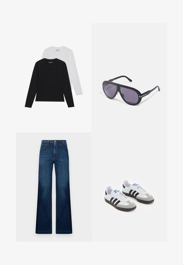 Two long-sleeve tops: one black and one white. Both feature a round neckline and a smooth, ribbed texture. Brand label visible inside neckline.; Wide-leg dark blue jeans made of denim, featuring a high waist, front pockets, and contrasting orange stitching details.; Sport shoes with a white leather upper, gray suede toe, and three black stripes. Features a blue logo on the tongue and a textured rubber sole.; Black sunglasses with oversized, angular frames, dark purple lenses, and gold-tone accents on the arms. Matte finish with smooth texture.; Black nylon shoulder bag with a curved shape, silver chain accent, detachable mini pouch, and adjustable strap; features "Steve Madden" logo.