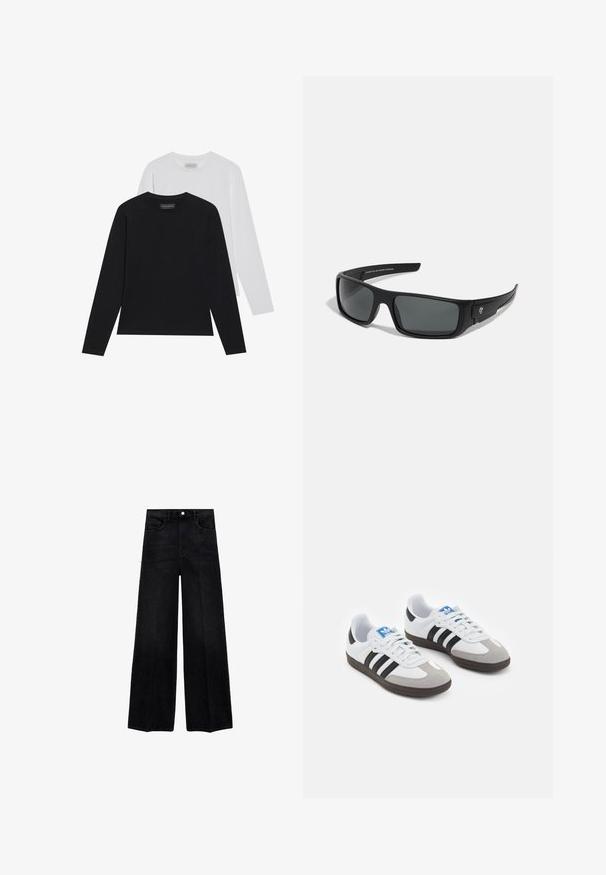 Dva dukserice s dugim rukavima: jedna crna i jedna bijela. Obje imaju okrugli izrez i glatku, rebrastu teksturu. Brend oznaka vidljiva unutar izreza.; Široke crne traperice visokog struka, s kopčanjem na dugme, prednjim džepovima i čistim završetkom na rubu.; Sportske cipele s gornjištem od bijele kože, sivi suedinasti nos i tri crne pruge. Imaju plavi logo na jeziku i teksturiranu gumenu podlogu.; Crne sunčane naočale sa pravokutnim okvirom, tamno sivim lećama i glatkom plastičnom površinom. Značajan logo na strani.; Crna najlon torba za rame s zakrivljenim oblikom, srebrnim lančićem, odvojivom mini torbicom i podesivim remenom; sadrži logotip "Steve Madden".