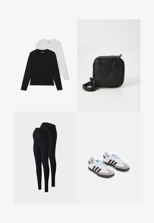 Two long-sleeve tops: one black and one white. Both feature a round neckline and a smooth, ribbed texture. Brand label visible inside neckline.; Black maternity leggings made of stretchy fabric. Features a high, elastic waistband and a smooth texture. Available in a two-pack.; Sport shoes with a white leather upper, gray suede toe, and three black stripes. Features a blue logo on the tongue and a textured rubber sole.; Black square crossbody bag made of textured synthetic material. Features an embossed logo design and adjustable strap. Zipper closure.