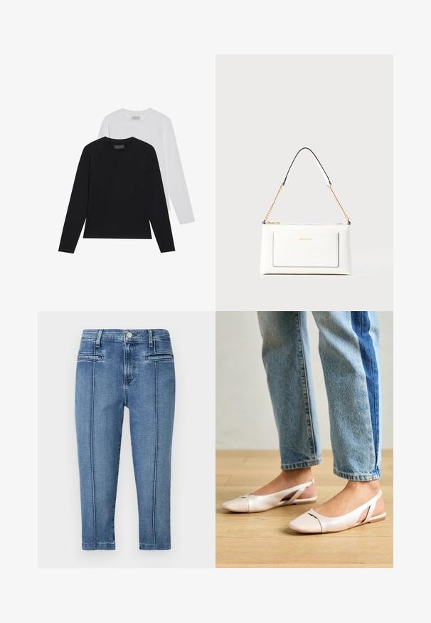 Duas blusas de manga longa: uma preta e uma branca. Ambas apresentam um decote redondo e uma textura lisa e canelada. Etiqueta da marca visível na parte interna do decote.; Calças de ganga em azul médio, com um design de cinco bolsos, corte direito e costura em contraste ao longo das costuras laterais.; Sapatilhas slingback de cor rosa pálido com bico fino, feitas de um material semelhante a couro liso. Apresentam detalhes recortados nas laterais e um salto plano.; Bolsa de mão branca em couro com acabamento texturizado, featuring a corrente dourada e detalhes pretos. Inclui um bolso frontal e fecho com zipper.