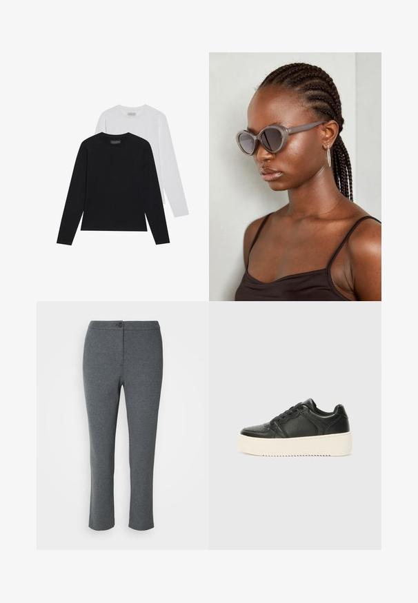 To lange ermel skjorter: en svart og en hvit. Begge har rund hals og en jevn, ribbet tekstur. Merkelappen er synlig inne i halsåpningen.; Grå bukser laget av mykt stoff, med knappelukking, rett bein-design og en jevn tekstur. Ingen lommer eller synlige mønstre.; Svart lær sneakers med en jevn tekstur, tykk kremfarget såle, rund tå og klassisk snøring. Subtile sømdetaljer.; Grå, overdimensjonerte solbriller med rund form og mørke linser. Slank plastikkramme med glatt overflate. Modellen har flette.