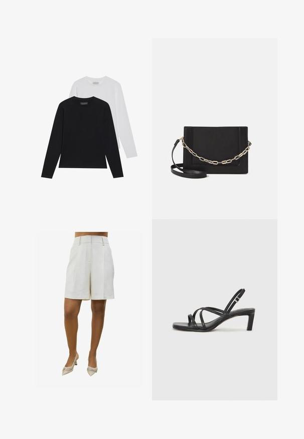 Dvoje triček s dlouhým rukávem: jedno černé a jedno bílé. Obě mají kulatý výstřih a hladkou, žebrovanou strukturu. Na vnitřní straně výstřihu je viditelná značková etiketa.; Béžové lněné šortky s přizpůsobeným střihem, které mají dva přední sklady a boční kapsy. V kombinaci s botami na vysokém podpatku se špičatou špičkou a proužkovaným vzorem.; Černé sandály na tenkém podpatku se čtveratou špičkou a nízkým blokovým podpatkem. Mají několik tenkých popruhů a nastavitelné zapínání okolo kotníku. Vyrobeny z hladké kůže.; Černá kožená crossbody taška s hladkým povrchem, obdélníkovým tvarem a kovovým řetízkem na přední straně. Součástí je nastavitelný popruh.