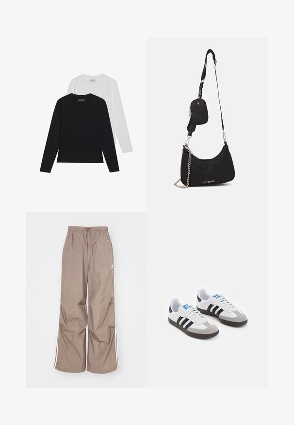 Két hosszú ujjú felső: egy fekete és egy fehér. Mindkettő kerek nyakkivágással és sima, bordázott textúrával rendelkezik. A márkajelzés látható a nyakszíj belsejében.; Barna, laza szabású nadrág, könnyű anyagból készült, fehér oldalsávokkal és elöl húzózsinórral ellátott gumírozott derékkal.; Fehér bőr felsőrészes sportcipő, szürke velúrból készült orral és három fekete csíkkal. Jellemzője a kék logó a nyelvén és egy texturált gumitalp.; Fekete nylon válltáska ívelt formával, ezüst lánc díszítéssel, leválasztható mini zsebbel és állítható pánttal; tartalmazza a "Steve Madden" logót.