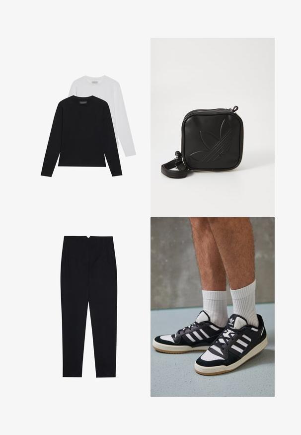 Kaksi pitkähihasta paitaa: yksi musta ja yksi valkoinen. Molemmissa on pyöreä pääntie ja sileä, ribbitekstuuri. Brändilogo näkyvissä pääntiellä.; Mustat housut, jotka on valmistettu teksturoidusta kankaasta, jossa on tasainen etuosa, sivutaskut ja suora lahje keski-yläkaihalla.; Valkoiset ja mustat tennarit, joissa on mokkanahka- ja nahkapäällinen, kolme valkoista raitaa, rei'itetty kärki ja kumipohja.; Mustikka neliö muotoinen olkalaukku, joka on valmistettu teksturoidusta synteettisestä materiaalista. Varustettu kohotetulla logolla ja säädettävällä hihnalla. Vetoketjukiinnitys.