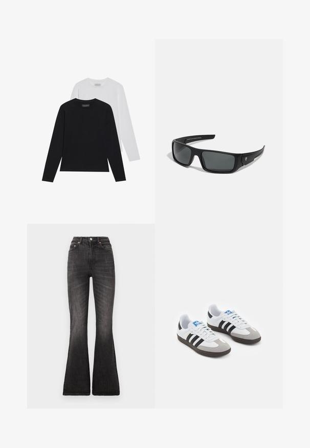 Deux hauts à manches longues : un noir et un blanc. Tous deux présentent un col rond et une texture lisse et côtelée. Étiquette de la marque visible à l'intérieur du col.; Jean évasés noirs à taille haute, avec fermeture à bouton en métal, design à cinq poches et décoloration subtile le long de la texture du tissu.; Baskets avec une tige en cuir blanc, un bout en daim gris et trois bandes noires. Présente un logo bleu sur la languette et une semelle en caoutchouc texturée.; Lunettes de soleil noires avec une monture rectangulaire, des verres gris foncé et une finition en plastique lisse. Accent de logo remarquable sur le côté.; Sac en nylon noir à l'épaule avec une forme incurvée, accent en chaîne argentée, pochette mini amovible et bandoulière ajustable ; présente le logo "Steve Madden".