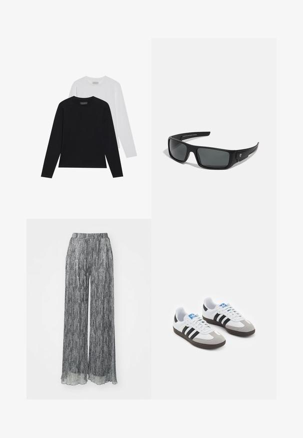 Two long-sleeve tops: one black and one white. Both feature a round neckline and a smooth, ribbed texture. Brand label visible inside neckline.; Black and white wide-leg trousers with a pleated texture, elastic waistband, and sheer hem. The fabric features vertical stripes.; Sport shoes with a white leather upper, gray suede toe, and three black stripes. Features a blue logo on the tongue and a textured rubber sole.; Black sunglasses with a rectangular frame, dark gray lenses, and smooth plastic finish. Notable logo accent on the side.; Black nylon shoulder bag with a curved shape, silver chain accent, detachable mini pouch, and adjustable strap; features "Steve Madden" logo.